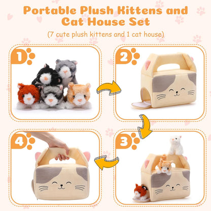 8 Pcs Cat Stuffed Animal Set Plush House with 7 Soft Stuffed Animal Plush Toy for Kids Christmas Birthday Halloween Pet Gift Party Favors Goodie Bags Stuffers