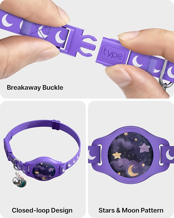 Cat Collar with Airtag Holder, Breakaway Airtag Cat Collar for Apple Air Tag with Luminous & Reflective Pattern, Waterproof GPS Cat Tracker Collars for Boy Girl Cats Kittens with Bell, Purple (8-12")