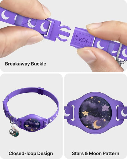 Cat Collar with Airtag Holder, Breakaway Airtag Cat Collar for Apple Air Tag with Luminous & Reflective Pattern, Waterproof GPS Cat Tracker Collars for Boy Girl Cats Kittens with Bell, Purple (8-12")