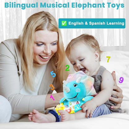 Baby Dino Musical Stuffed Animals Toy with Light-Up Music & Crinkle Sound Paper,Infant Bilingual Early Learning Education Toys,Tummy Time Toys for 0-3-6-12+ Months Boy Girl