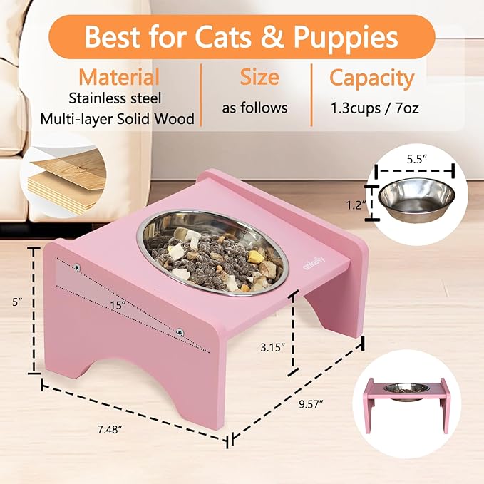 Elevated Cat Bowls,2 Stainless Steel Pet Food Water Feeder,15°Tilted Raised Pet Dish, Slanted Dog Bowl with Wood Stand for Kitty and Puppy,Wide 5.51" (Pink)