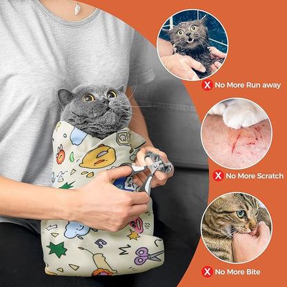 Cat Grooming Wrap, Cat Grooming Supplies for Cutting Nails, Cat Restraint for Nail Clipping to Anti-Scratch/Runaway/Bitten, Cat Swaddle Wrap for Calming & Holding Cat (L (Within 11lbs))