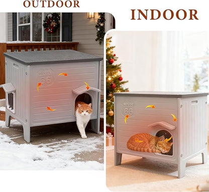 Outdoor Cat House with Insulated Liner, Large Weatherpoof Plastic Insulated Cats Houses with Escape Door Indoor Waterproof Feral/Pet Cat Shelter Outside for Puppy, Rabbit for Winter（Grey）