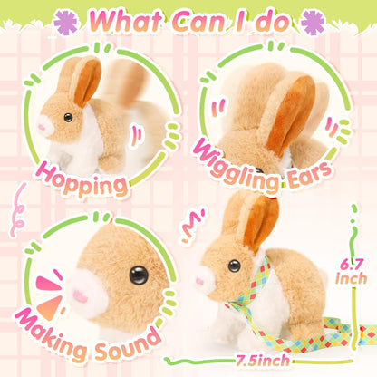 Tagitary Plush Easter Bunny Toys for Kids,Hopping Interactive Rabbit with Leash,Golden Egg,and Wind Up Toys,That Making Sounds,Wiggling Ears,Twitching Nose,Easter Basket Stuffers Gift for Toddlers