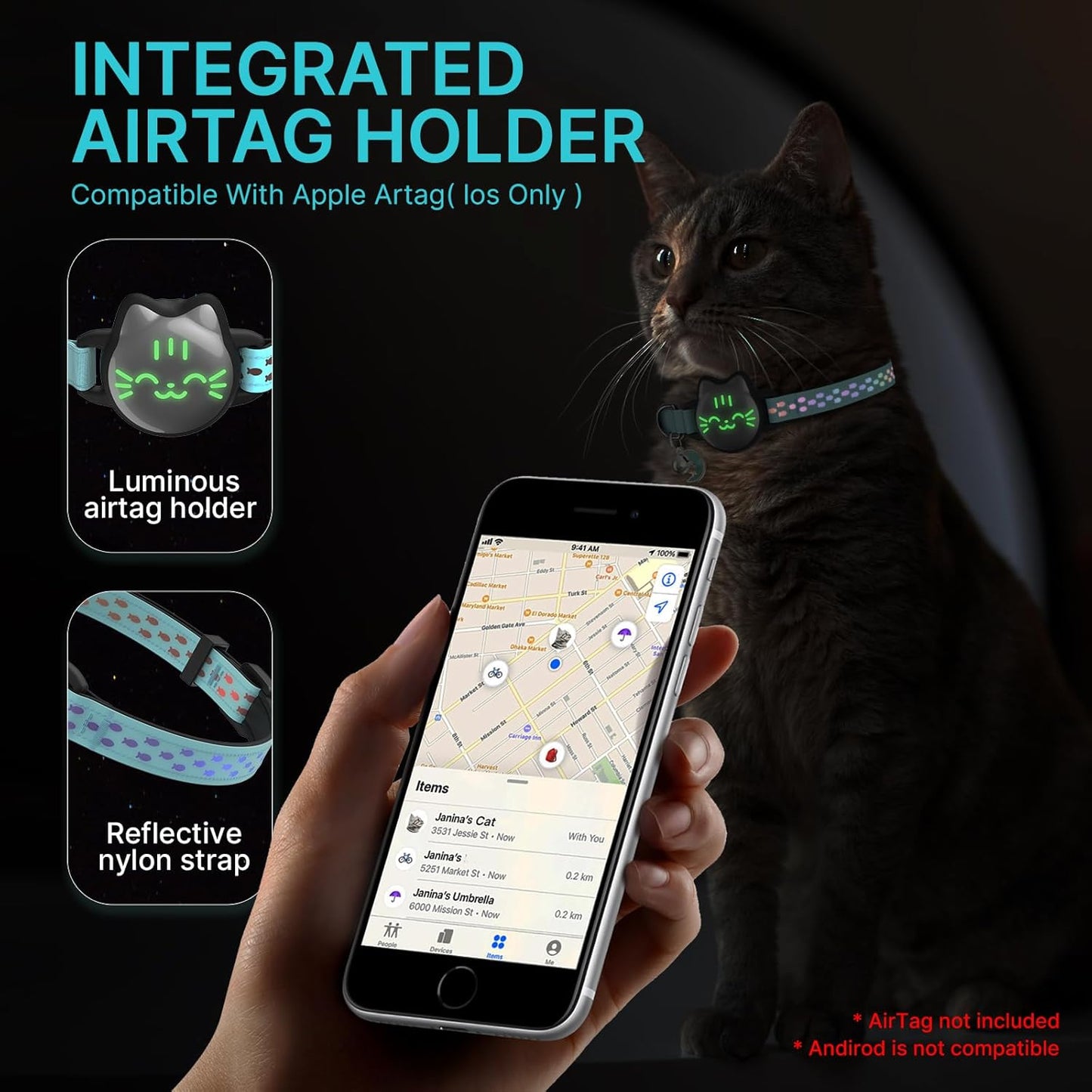 Waterproof Airtag Cat Collar, Breakaway Cat Airtag Collar with Luminous & Reflective Pattern Strap, Lightweight Kitten Collars for Apple Air tag, Hidden Holder for GPS Tracker - Cats, Kittens (9-13")