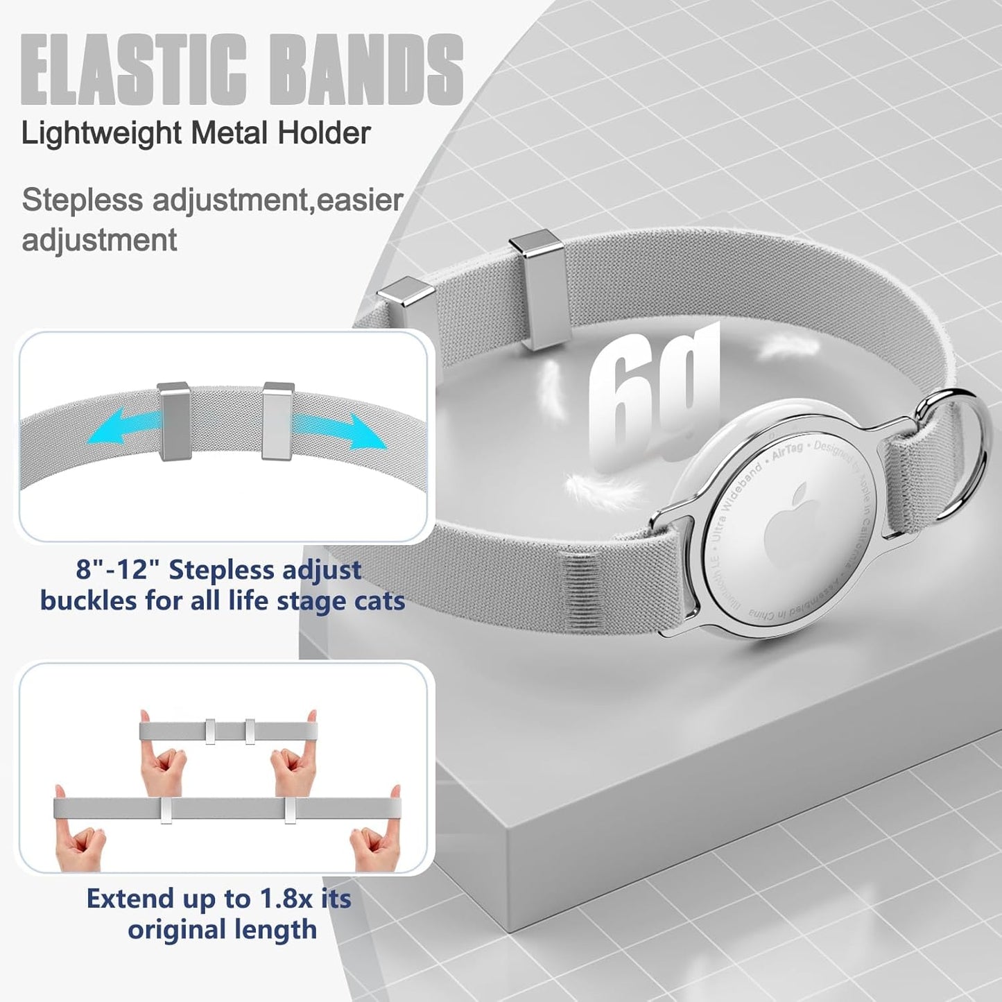 AirTag Cat Collar, Ultra Elastic Cat Tracker Collar, Airtag Holder Compatible with Apple Air Tag, [Lightweight & Scratch Resistant] Adjustable Stepless GPS Pet Collar for Cats Kittens, Grey