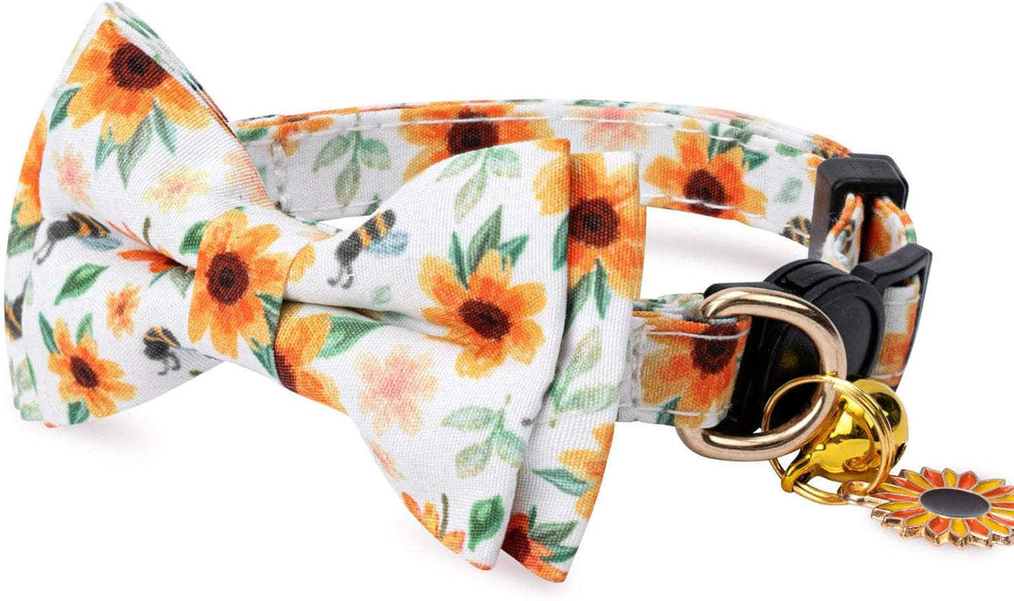 2 Pack Cotton Cat Collar with Bow Tie and Bell for Girl Boy Cats,Cute Pink Flower and Yellow Sunflower Pattern Spring Summer Breakaway Cat Collar for Male Female Cats (Flower&Sunflower)