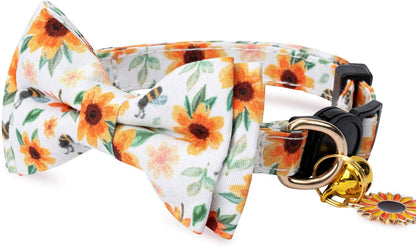 2 Pack Cotton Cat Collar with Bow Tie and Bell for Girl Boy Cats,Cute Pink Flower and Yellow Sunflower Pattern Spring Summer Breakaway Cat Collar for Male Female Cats (Flower&Sunflower)