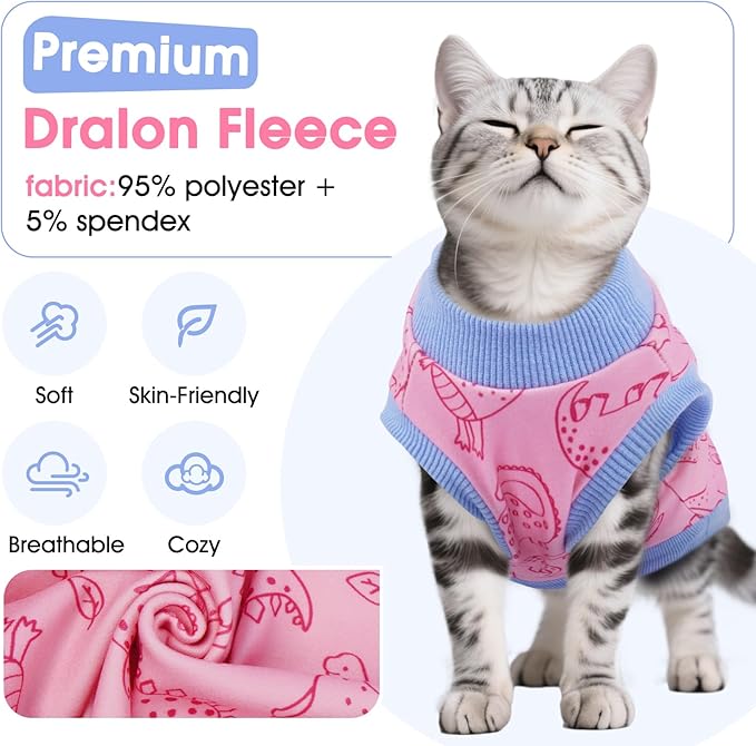 DENTRUN Sleeveless Cat Vest with Dinosaur Print, Breathable Ultra-Soft Dralon Fleece Cat Sweater, All-Season Pet Costume Apparel for Cats, Kitten Clothing for Indoor/Outdoor, Pink, L