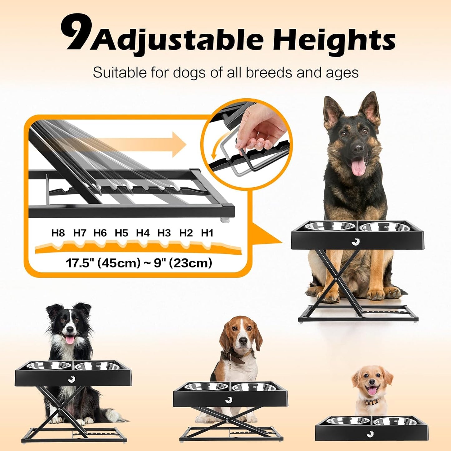 Joytale Elevated Dog Bowls for Large Breeds, Heavy Duty 9 Adjustable Height from 9" to 17.5" Metal Stand Anti-Slip, Non Spill Raised Food & Water Station with 2 Stainless Steel Food Bowls, Black