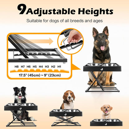 Joytale Elevated Dog Bowls for Large Breeds, Heavy Duty 9 Adjustable Height from 9" to 17.5" Metal Stand Anti-Slip, Non Spill Raised Food & Water Station with 2 Stainless Steel Food Bowls, Black