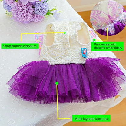 ANIAC Butterfly Dog Dress with Purple Tutu Funny Dog Clothes with Wing Girl Puppy Dress for Small Dogs Pet Butterfly Costume Holiday Cat Outfit for Halloween Birthday Wedding (Purple, X-Small)