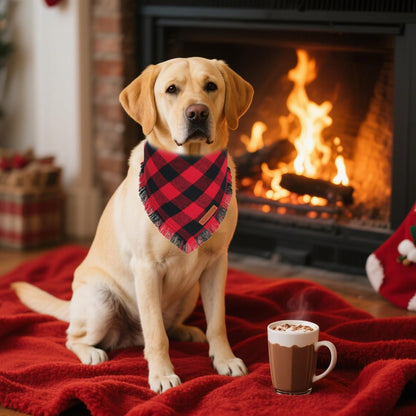 ADOGGYGO Christmas Dog Bandanas with Tassels, Classic Plaid Xmas Scarf Bib, Premium Cotton Fabric, Red Green Plaid Christmas Bandanas for Medium Large Dogs (Large)