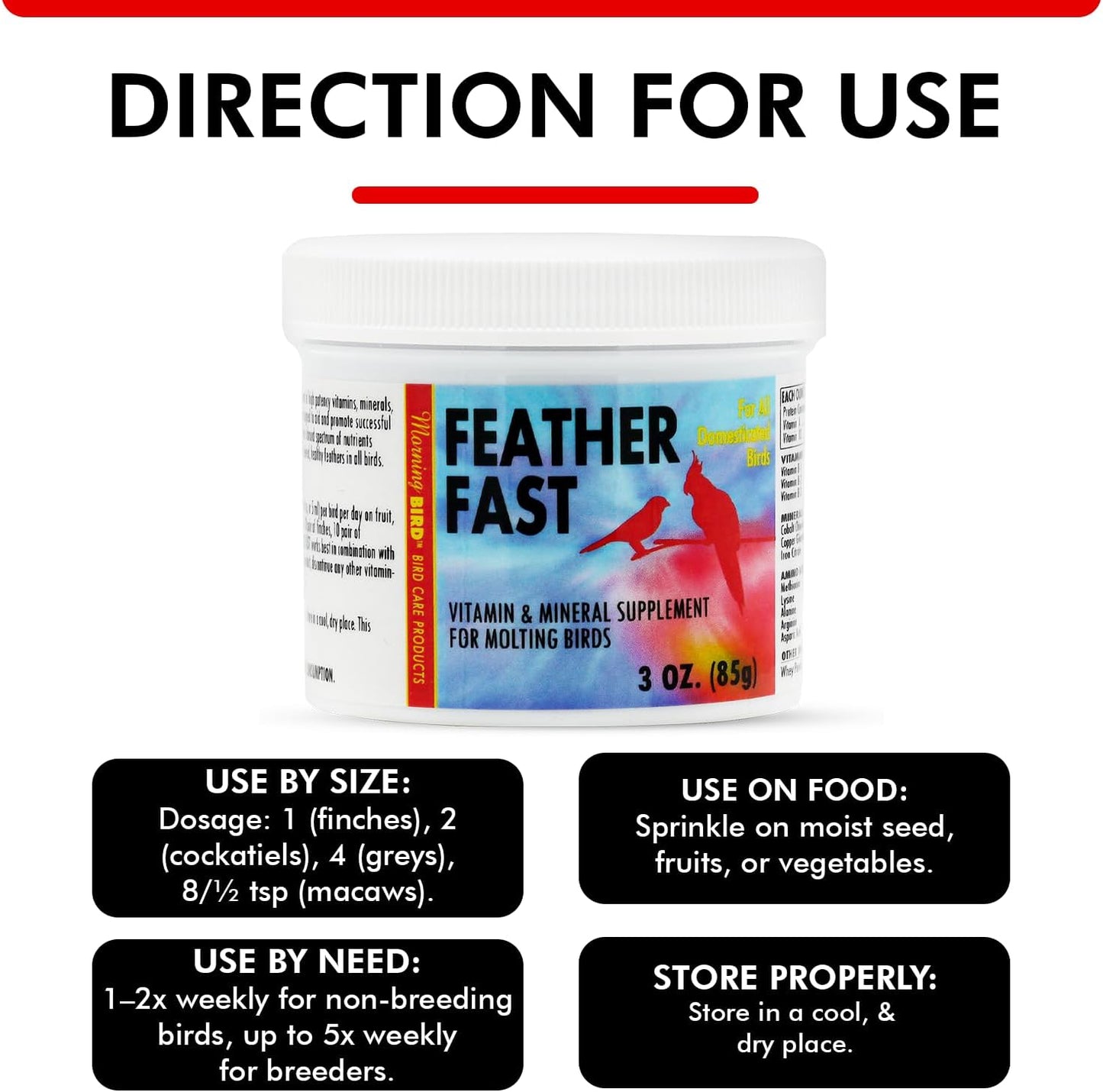Morning Bird Feather Fast 3 Oz – Multi-Vitamin During Molt - Molting Support Supplement for Birds – Amino Acid & Vitamin Powder Formula– Promotes Feather Growth, and Full Plumage – for All Adult Birds