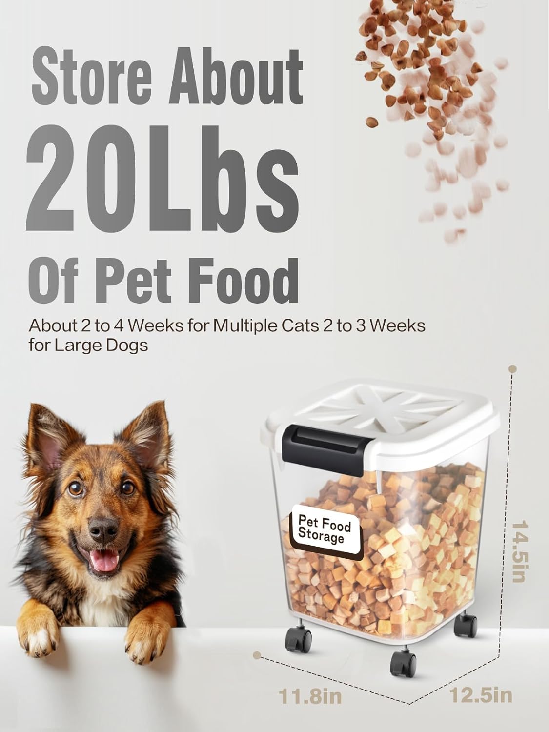 LivLab Mker Large Rice Storage Container 30 lbs, Airtight Pet/Cat Treat Storage Bin with Lids, Attachable Wheels, Great for Flour & Rice, Easy Mobility, BPA Free, White