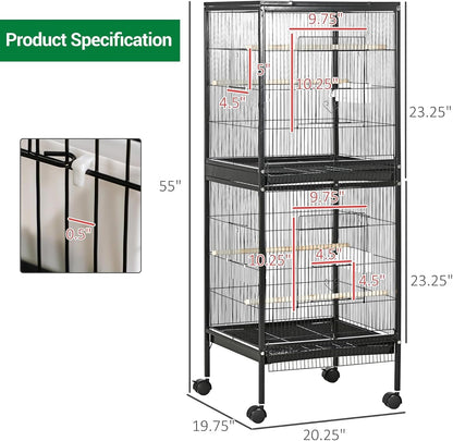 GarveeHome Small Bird Cage with Wheels, 55 Inch Parakeet Cage with Top Stand, 2 in 1 Bird Carrier for Parakeets, Canaries, Lovebirds, Small Quaker, Cockatiels, Budgie, Green Cheek (55in)