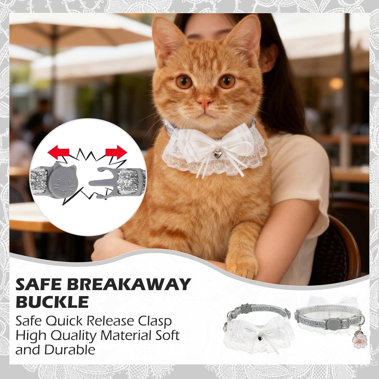 EXPAWLORER Cat Collar Breakaway,Adjustable Soft Lace Cat Collars for Girl Cats with Heart Accessory,Safety Quick Release Cute Pet Collar for Kitten,Small Dog