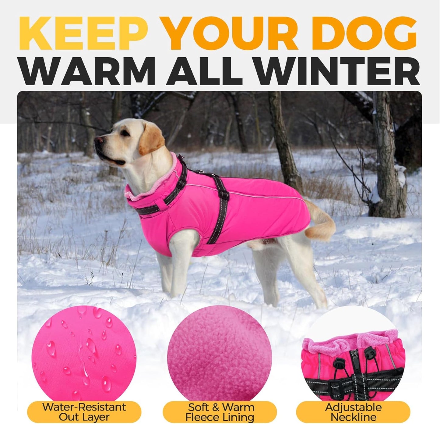 Lelepet Dog Winter Coat Waterproof Dog Jacket with Harness Built in Windproof Reflective Pet Coats for Extra Large Dogs, Thermal Fleece Lined Coats for Cold Weather Walking, Great Dane, Rose Red, 3XL