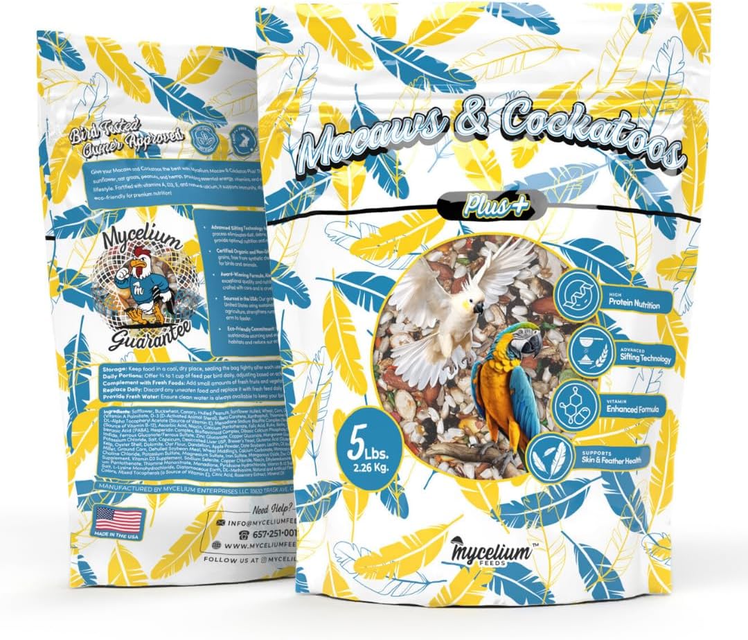 Mycelium Organic Macaw & Cockatoo Plus Bird Food (5 LBS) | High-Protein Bird Seed for Large Birds | Vitamin-Enriched Daily Nutrition | Skin & Feather Support | Non-GMO & USA Made