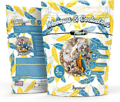 Mycelium Organic Macaw & Cockatoo Plus Bird Food (5 LBS) | High-Protein Bird Seed for Large Birds | Vitamin-Enriched Daily Nutrition | Skin & Feather Support | Non-GMO & USA Made