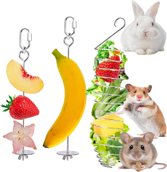 3 Pack Rabbit Toys, Bunny Rat Cage Food Holder Stainless Steel Slow Feeder Hanging Accessories for Rat Guinea Pig Chinchillas Rabbits Hamster Foraging Enrichment Small Animal Toys