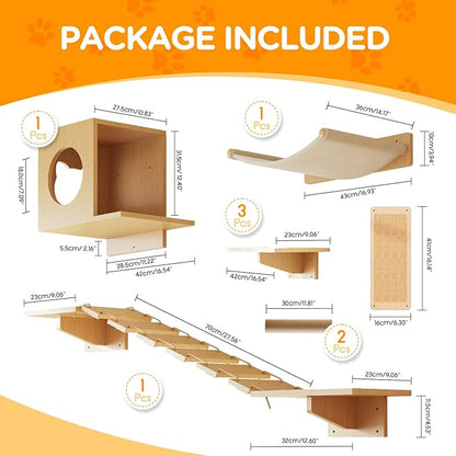 MeowHomm Cat Wall Shelves, Set of 5 Wooden Cat Wall Furniture with Cat Condo, Cat Scratching Post with 3 Steps, Bridge, Cat Hammocks and Scratcher