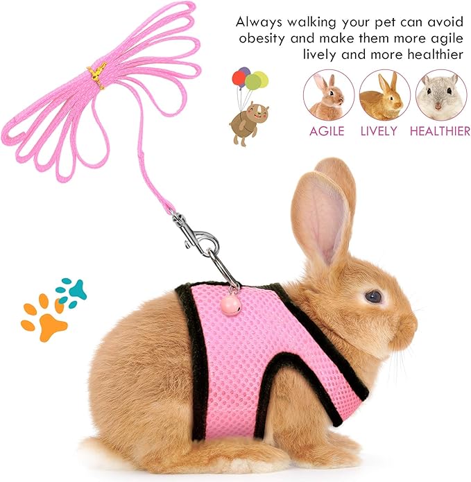 SATINIOR 2 Pieces Guinea Pig Clothes Baby Ferret Rats Hamster Soft Mesh Harness Leash Vest Set with Bell for Guinea Pigs, Hamster, Ferret, Rabbit, Chinchilla and Similar Small Animals(Blue, Pink,XS)