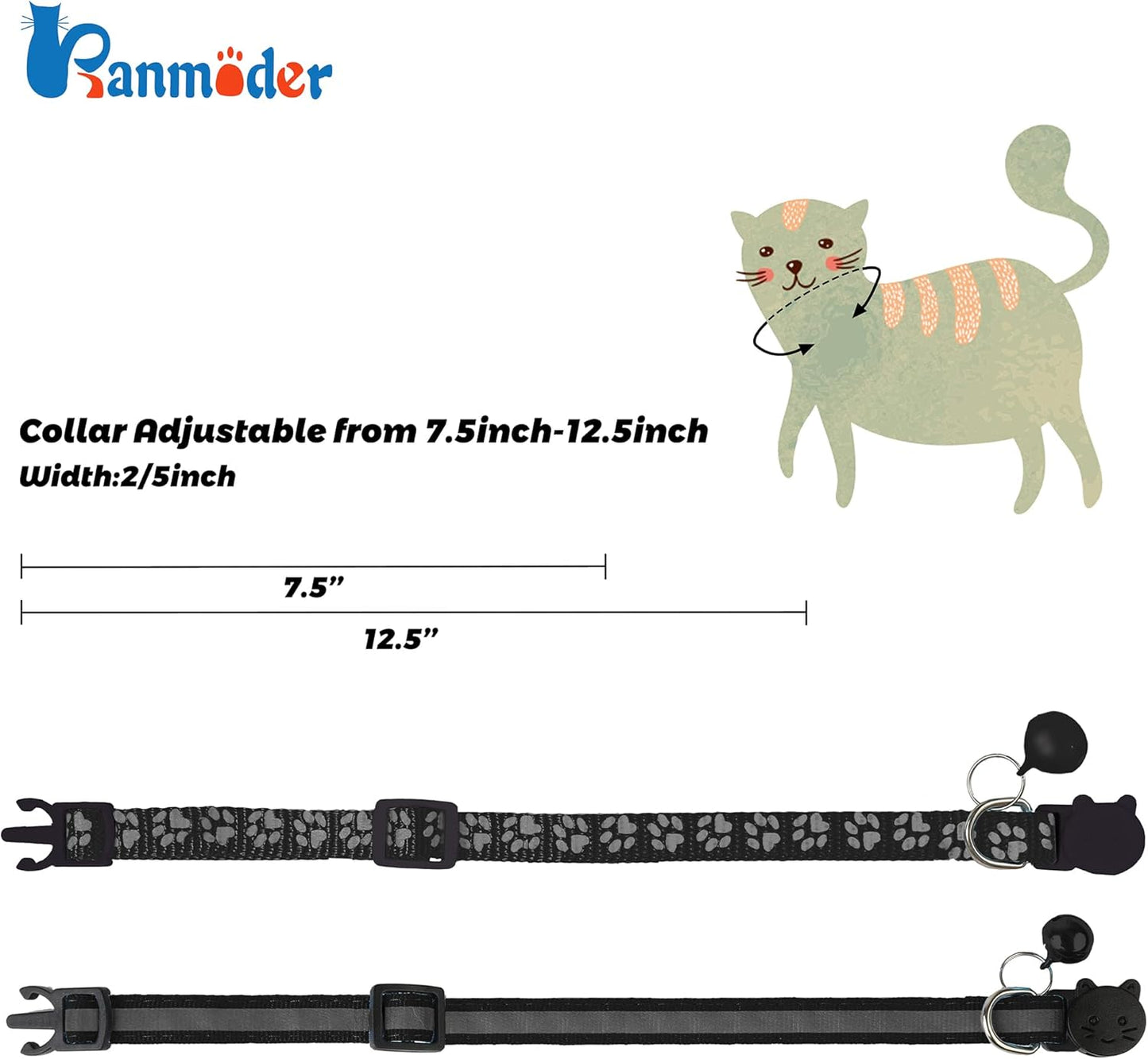 BANMODER 2 Pack Reflective Cat Collar Breakaway with Bell,Personalized Kitten Collars,Adjustable Safety Buckle Collar for Male Cats Girls & Boys (Black)