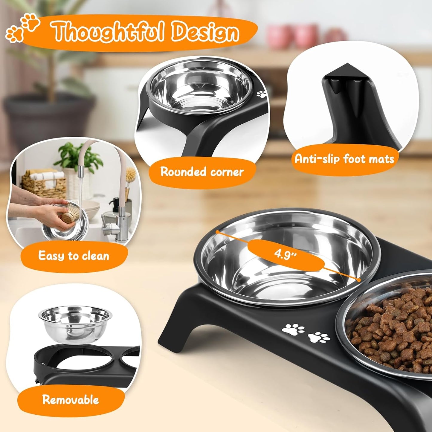 Elevated Cat Bowls - Anti-Vomiting Raised Cat Bowl Stand with 2 Thick Stainless Steel Cat Bowls Non-Slip for Small Medium Indoor Cats & Puppies, Dishwasher Safe, Black