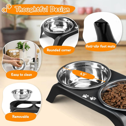 Elevated Cat Bowls - Anti-Vomiting Raised Cat Bowl Stand with 2 Thick Stainless Steel Cat Bowls Non-Slip for Small Medium Indoor Cats & Puppies, Dishwasher Safe, Black