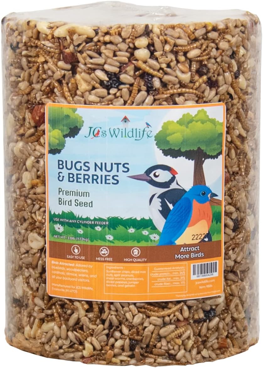 JCs Wildlife Bugs Nuts and Berries Premium Bird Seed Large Cylinder with Hole, 3.8 lb (6)