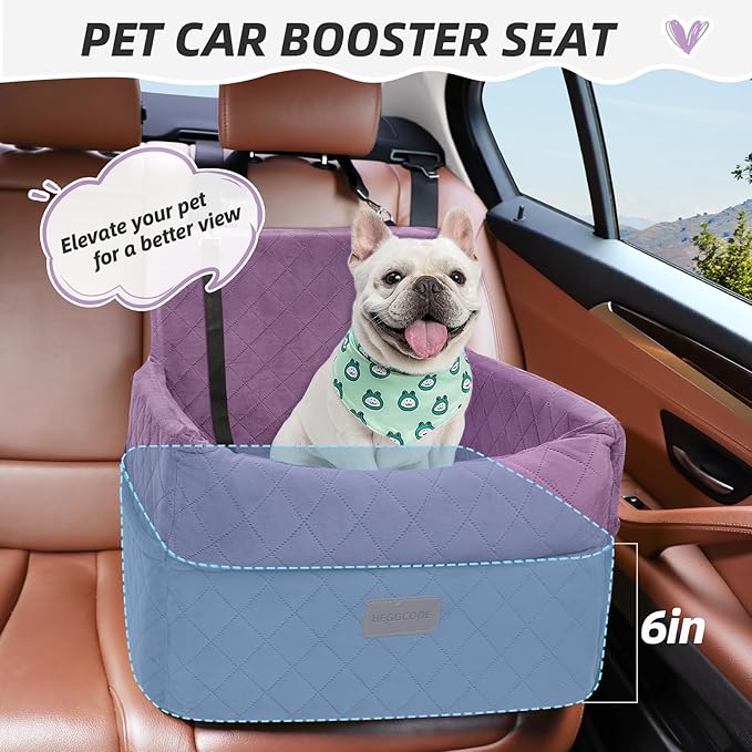Small Dog Car Seat, Memory Foam Dog Booster Seats with Thick Cushion for Medium Dogs Under 35lbs, Detachable Washable Pet Car Seat Bed with Storage Pockets,2 Safety Belts Purple