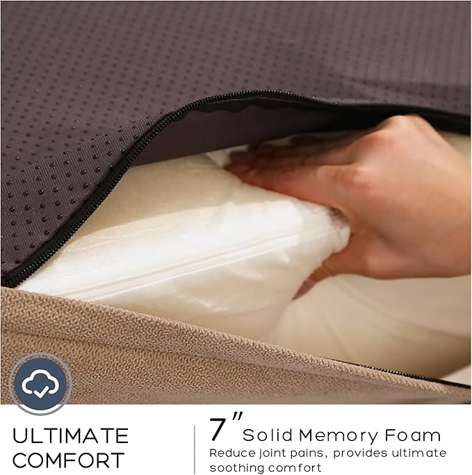 Jumbo Orthopedic Dog Bed for Large Dogs - 7-inch Thick Memory Foam Dog Bed with Pillow Removable Cover Machine Washable (Beige | Plush), 50''L x 34''W x 10''Th I Extra Large