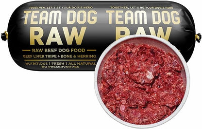 Team Dog Raw Frozen Dog Food | 65% Beef Muscle, Organ Meats, Herring & Green Tripe for Dogs | All Natural Grain Free Dog Food for Optimal Health, Digestion & Coat | 16 x 1lb Rolls