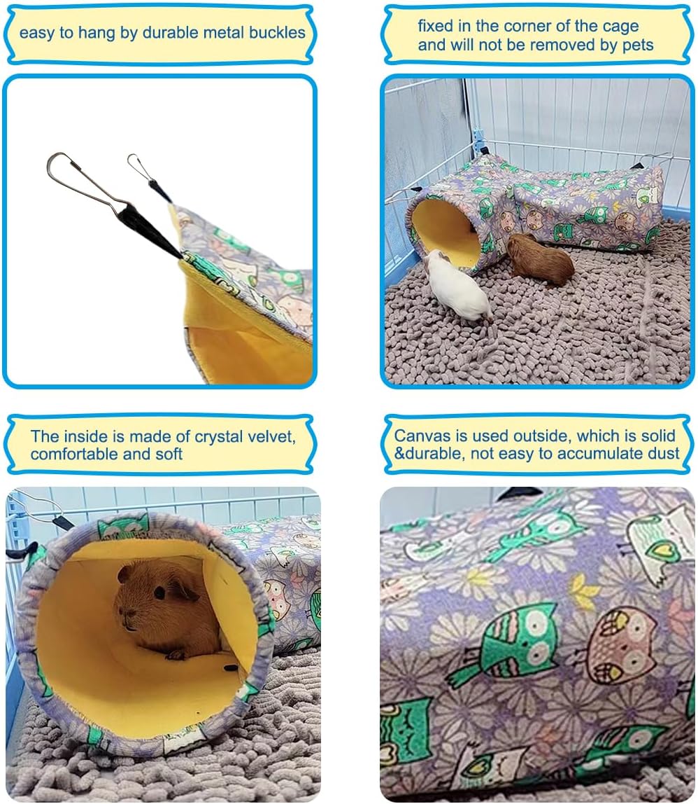 Guinea Pig Rat Ferret Hammock & Corner Tunnel for Small Animals - Hedgehog, Piggy, Chinchilla Hideout and Cage Accessories (Owl Design)