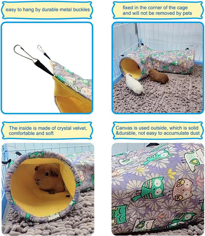 Guinea Pig Rat Ferret Hammock & Corner Tunnel for Small Animals - Hedgehog, Piggy, Chinchilla Hideout and Cage Accessories (Owl Design)
