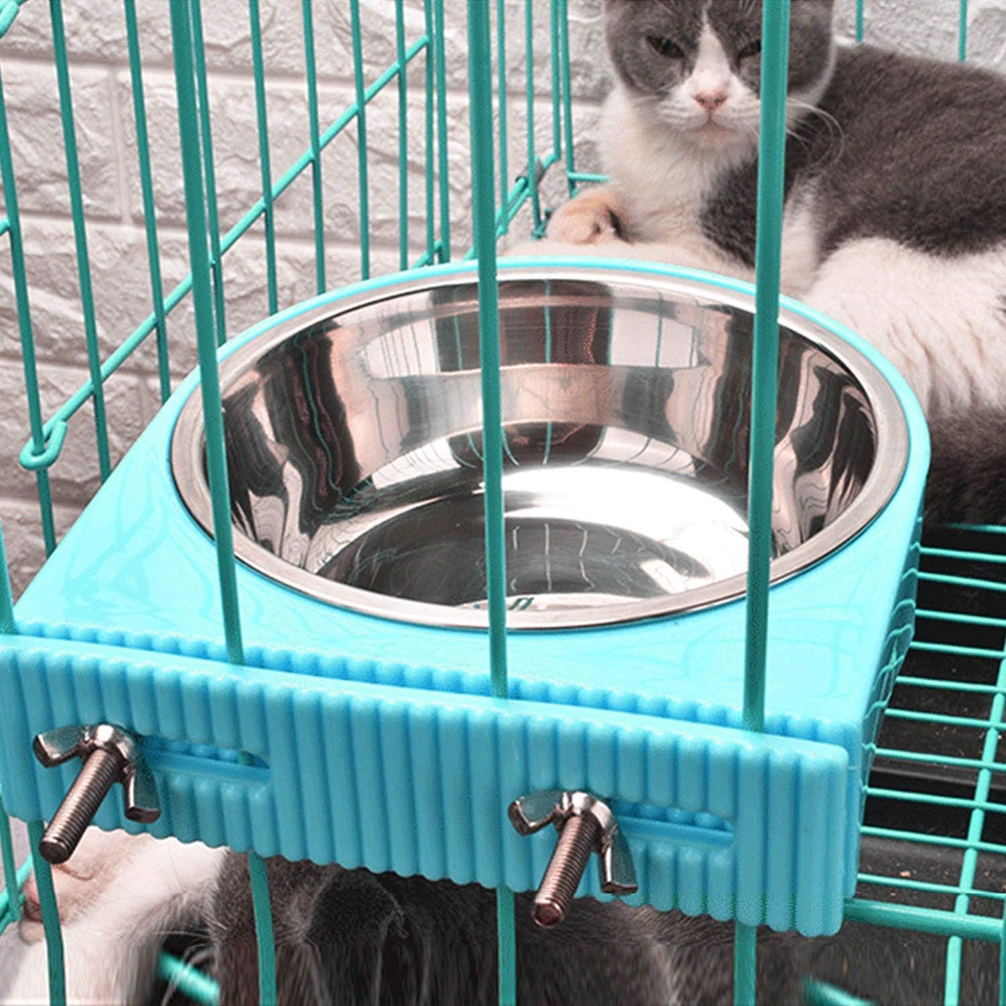 Crate Dog Bowl Removable Stainless Steel Water Food Feeder Bowls Cage Coop Cup for Cat Puppy Bird Pets (Large, Blue with Corrugated Clip)