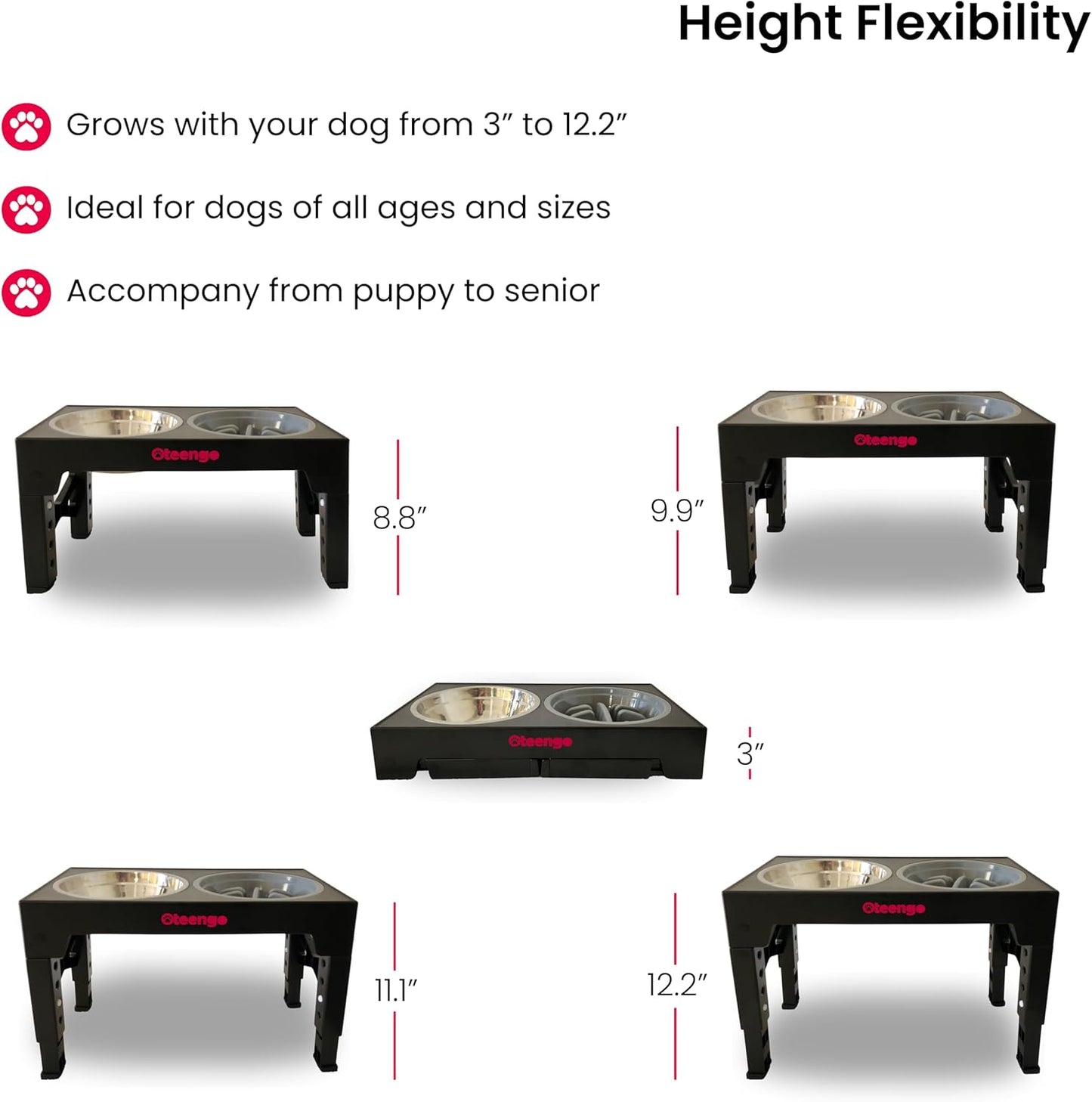 5-Tier Elevated Dog Bowls, Feeding Station Holder with 2 Stainless Steel +1 Slow Feeder Bowls Elevated, Water & Food Bowl Stand, Raised Dog Bowl Stand for Medium Size, Small & Large Breed
