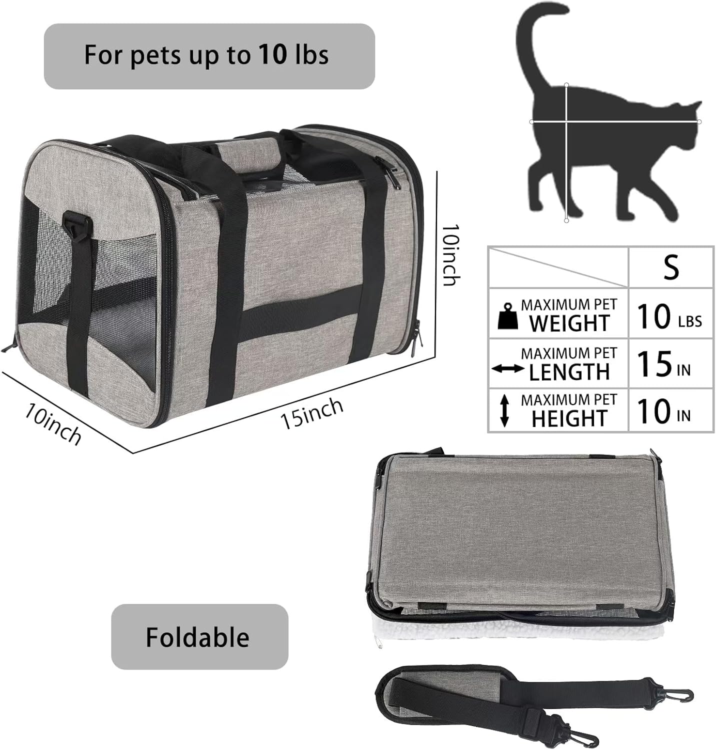 Cat Carrying Case - Pet Carrier Airline Approved, Protable and Breathable Pet Travel Carrier Removable Fleece Pad, Collapsible Cat Carrier Dog Carrier for Medium Cats Small Cats Dogs(15 * 10 * 10)