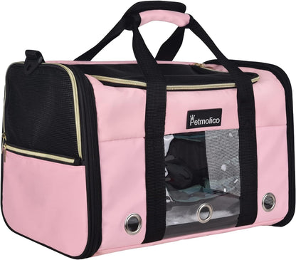 Petmolico Cat Carrier Soft-Sided Pet Bag for Small Medium Cats Puppies 16LBs - Airline Approved Pet Travel Carrier 3 Open Doors (Medium,Pink)