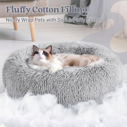 rabbitgoo Cat Beds for Indoor, 20 inches Machine Washable, Fluffy Round Pet Bed Non-Slip, Calming Soft Plush Donut Cuddler Cushion Self Warming for Small Dogs Kittens, Light Grey, Medium