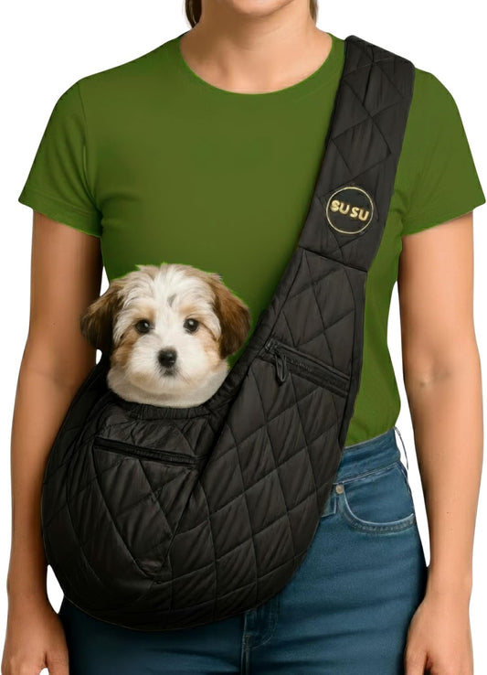 Small Dog Carrier (3–8 lb) – Silk Black. A Puppy Carrier Sling Designed for Little pups Like Yorkies, Toy Poodles, and Pomeranian, Perfect for City Walks and Coffee Runs.