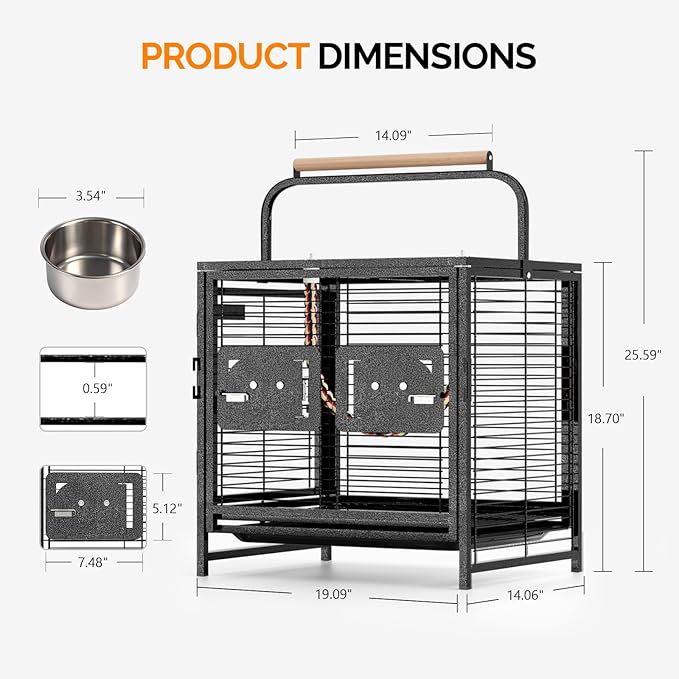 VINGLI Bird Cage, 25 inch Wrought Iron Bird Travel Carrier, Cage with Handle for Parakeets, Parrot, Lovebirds, Finches, Small/Medium Birds