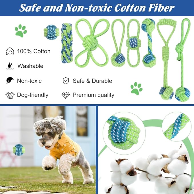 ETACCU 8 Pack Dog Rope Toys for Puppy & Small Dogs ， Puppy Rope Toy for Aggressive Chewers, Indestructible，Keeping Dogs from Being Bored- Green