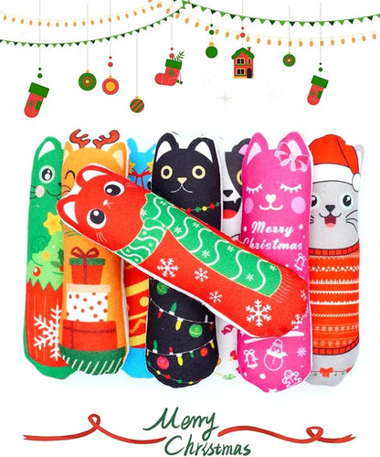 PET SHOW 8 Pack Christmas Cat Kicker Toys with Catnip Crinkle Sound Toys for Indoor Cats Xmas Santa Gift Patterns Plush Kittens Shape Natural Interactive Pet Kitty