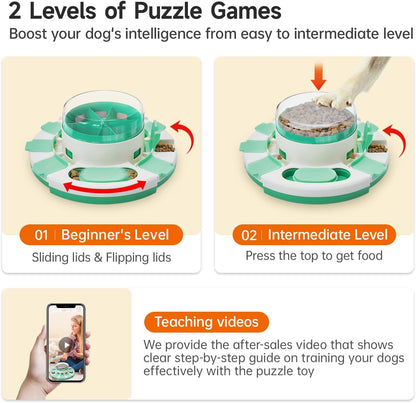 Potaroma Dog Puzzle Toy 2 Levels, Slow Feeder, Pup Food Treat Feeding Dispenser for IQ Training and Entertainment for All Breeds (Green White)