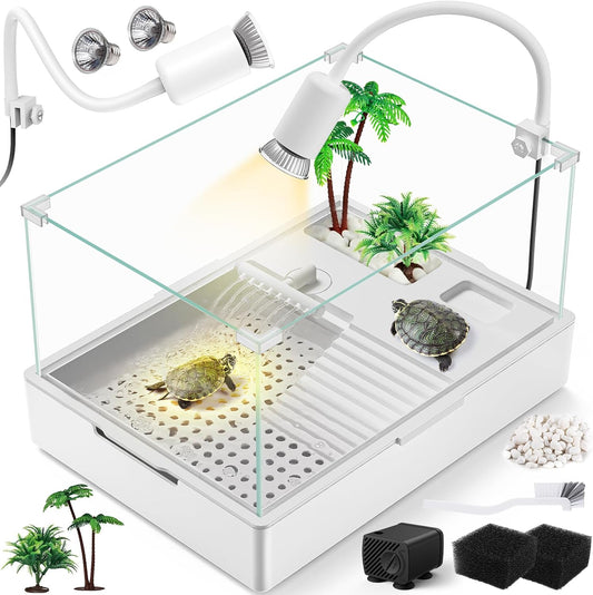 Small Turtle Tank Kit(Tank + Light + Water Pump), Acrylic Turtle Tank Starter Kit with Upgrade Rain Shower Head, Adjustable 5W Water Pump, Higher Fences and Multi-Function Area. (S-Kit)