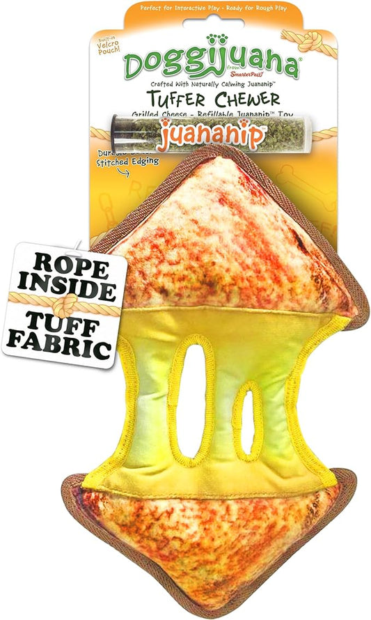 Doggijuana Tuffer Chewer Plush Dog Toy | Funny Dog Toy Plush with Juananip Catnip for Dogs | Calming Aid for Dogs | Interactive Squeaky Chew Toy for Play (Grilled Cheese)