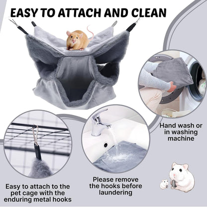 LYART Sugar Glider Pouch Hammock Bed Bedding, Sugar Glider Cage Accessories Toys for Rat, 3-Layer Hammock Make Pet Cages More Three-Dimensional (1.Grey)