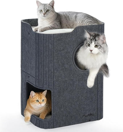 Made4Pets Cat House for Indoor Use, 2-Storey Cube Bed Cave, Covered Hideaway Condo with Scratch-Resistant Felt, Foldable Easy-to-Clean Design for Multi-Cat Homes, Dark Grey